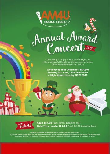 Poster promoting AM4U Annual Award Concertfeaturing a leprechaun and santa clause