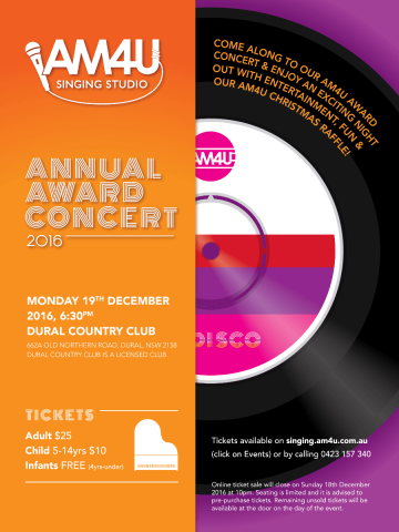 Event poster of a vinyl record for the annual AM4U Singing Studio concert 2016