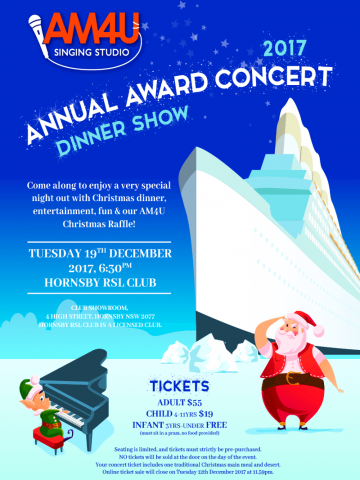 Event Poster with Santa Clause infront of an icebreaker ship and an elf playing piano